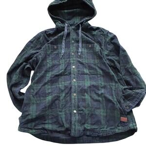 LL Bean Tartan Plaid Flannel Hooded Shirt Jacket L Blue Green Cotton Snap